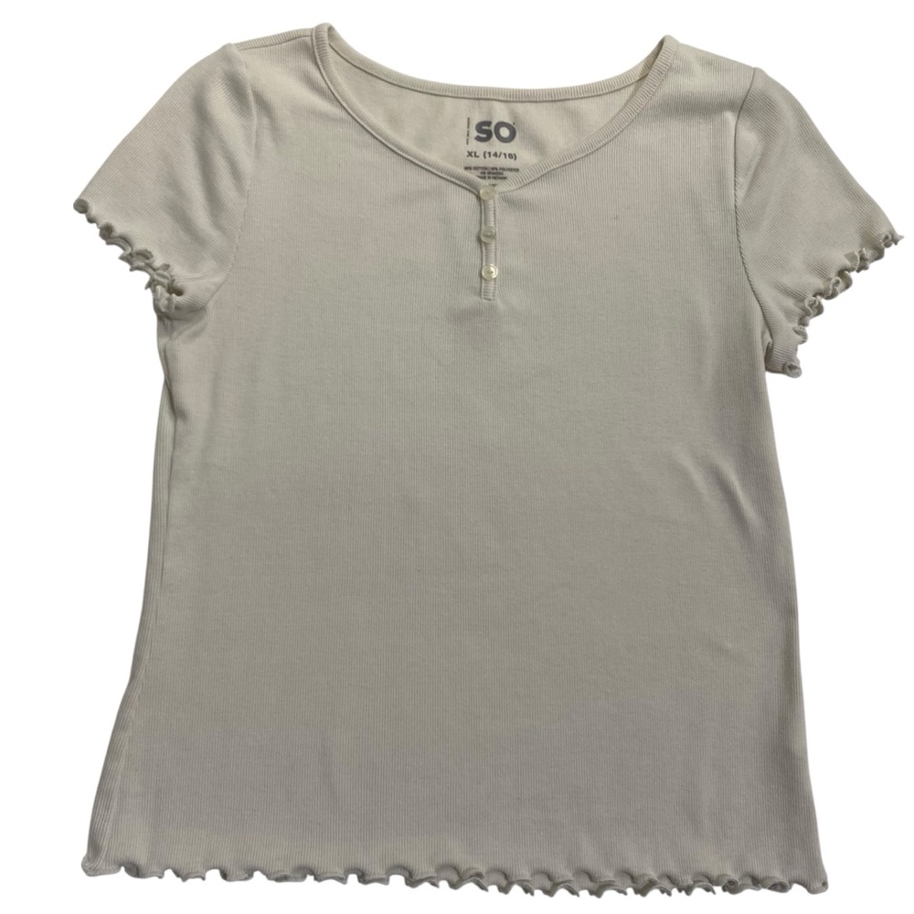 SO Shirt Cream Short Sleeve Top Ribbed Knit Size 14